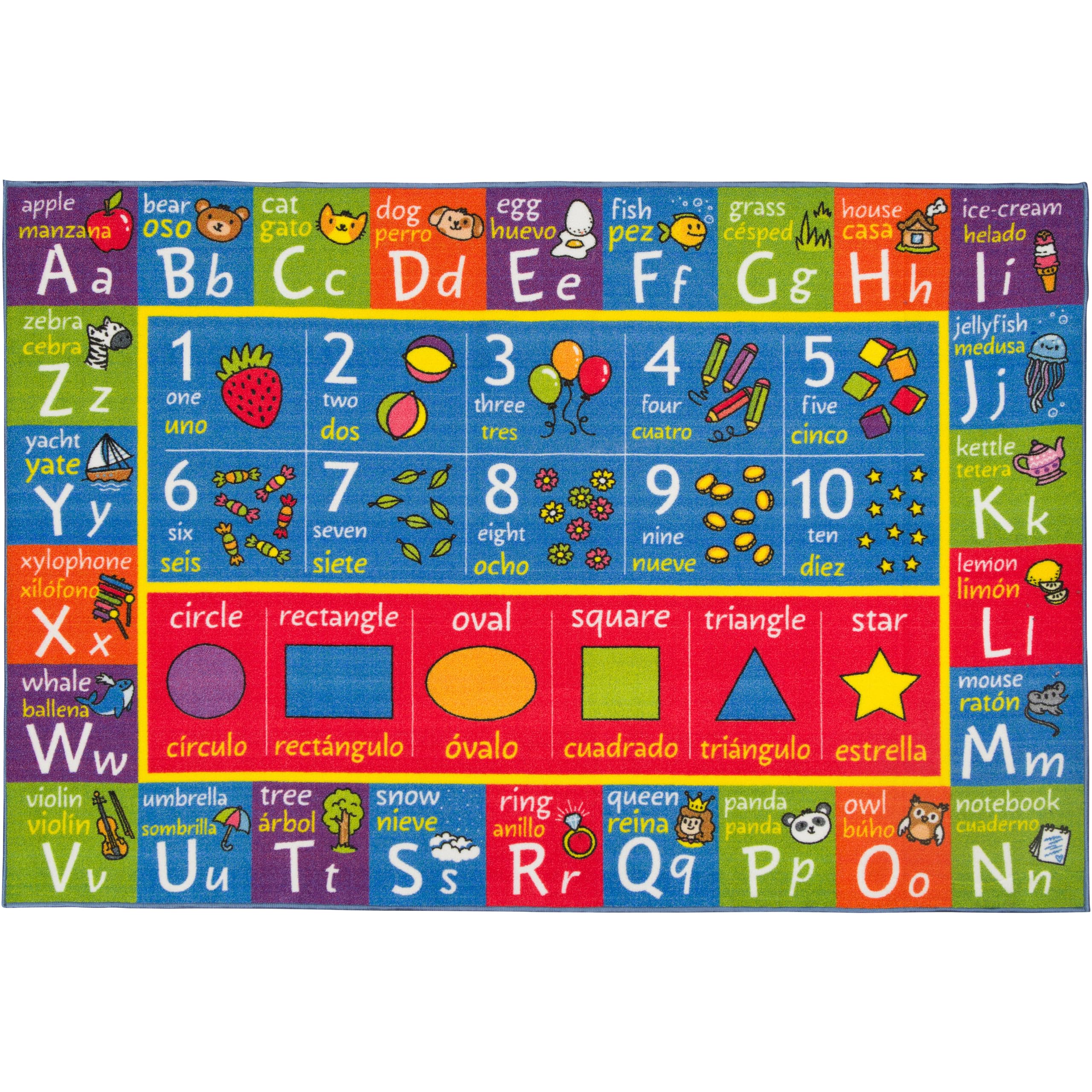 Kc Cubs Abc Alphabet, Numbers, Shapes + Spanish Translations Educational Learning Game Play Boy & Girl Kids Area Rug Carpet For